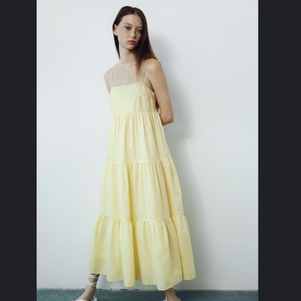 Zara Midi Tiered Dress - Pale Yellow - XS